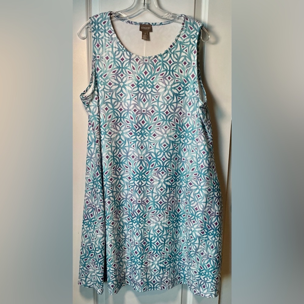 Chico’s Dress/Shift Sleeveless Blue & Purple Geometric Print Sz 3 Lined